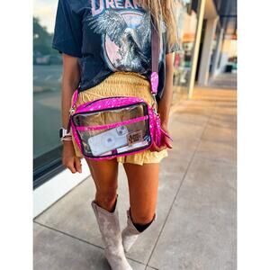 Priscilla Clear Cowhide Crossbody Purse Bag Concert Festival Stadium Pink Silver